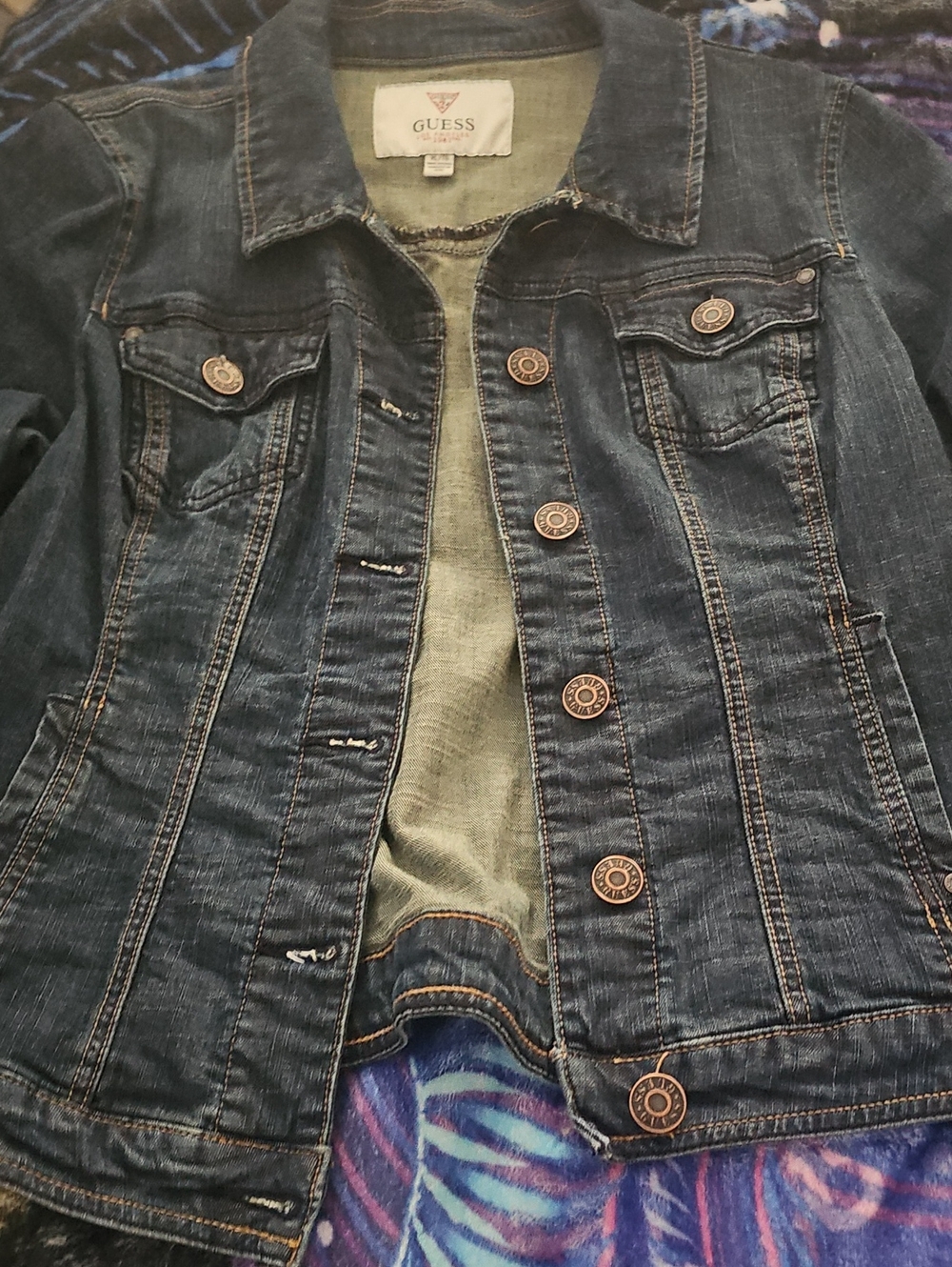 GUESS Women's Blue Denim Jacket with Bronze Buttons
